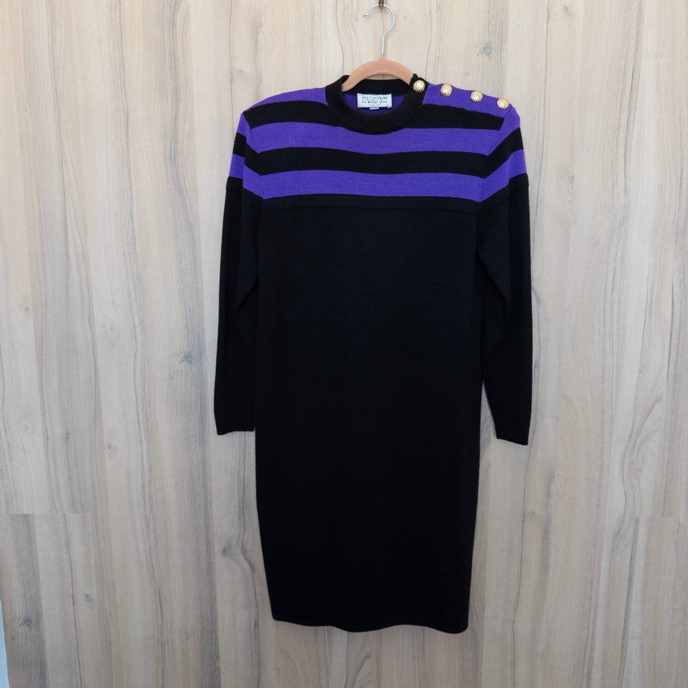 Vintage St. John Sweater Dress 6 Black Purple Striped Gold Button Old Money 80s